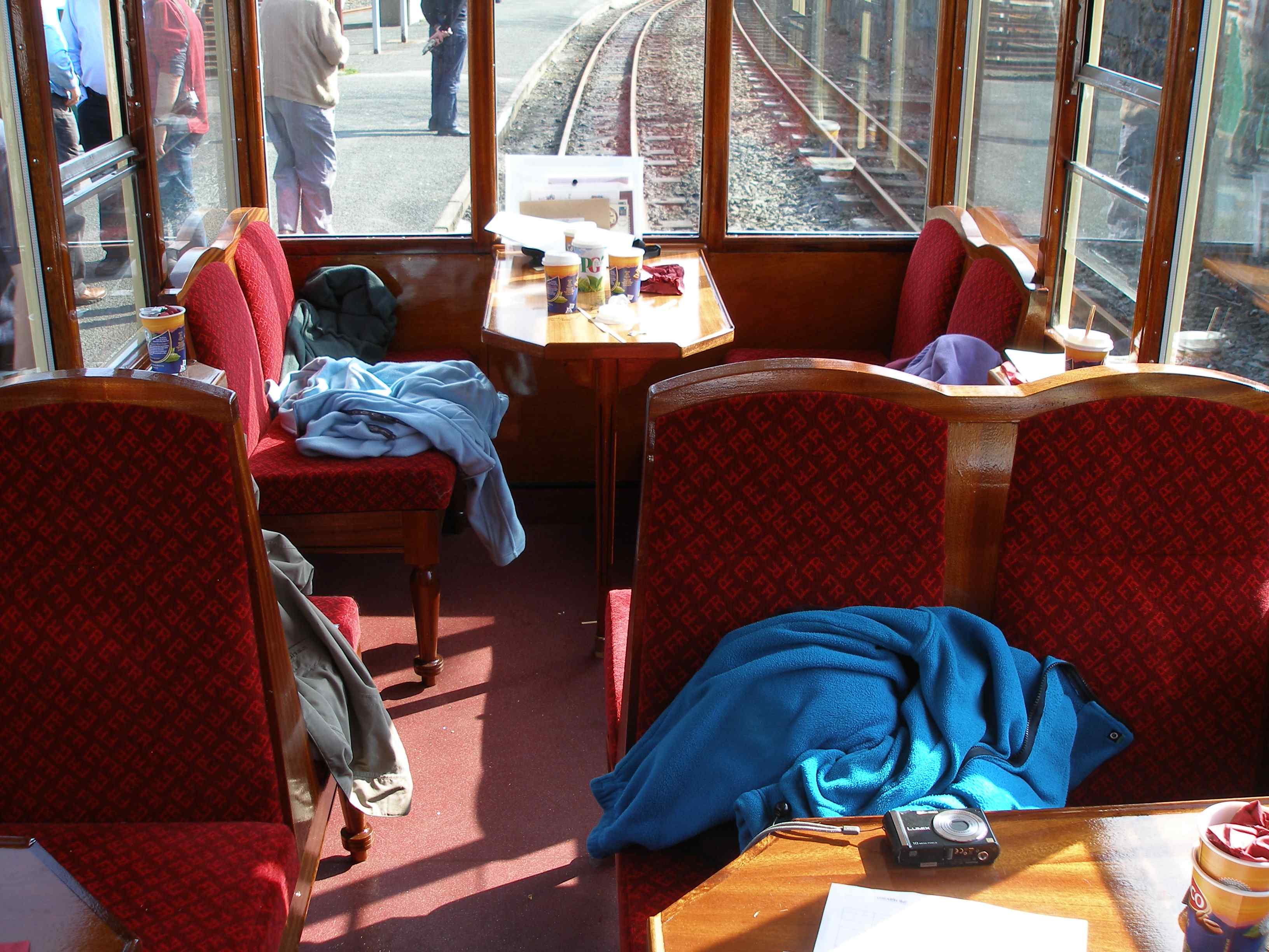 The interior of the newly-commission 123 at Blaeunau Ffestiniog. Note how conventional bench seats have now been fitted, replacing the original swivel chairs, and how the end seats face each other. The old louvre windows (originally designed for caravans and very difficult to keep clean with both coal and oil fired locos) have been replaced with neat drop lights.