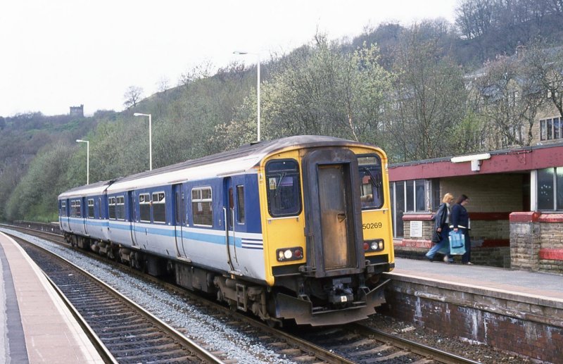 2-car Sprinter DMU 150269 calls at Todmorden in April 2001