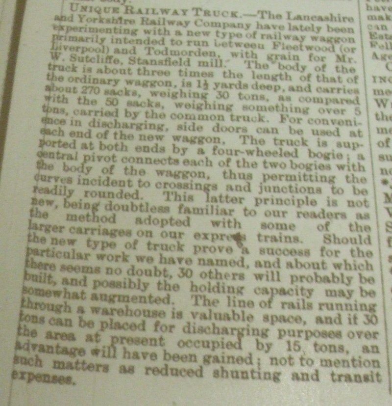 Article from Todmorden Advertiser dated 21 April 1893 regarding the introduction of the prototype covered bogie van for Todmorden traffic.