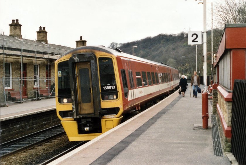 Class 158 158910 (NL) calls at Todmrden on the 13.23 Manchester Victoria - Selby service on 10 April 1973.