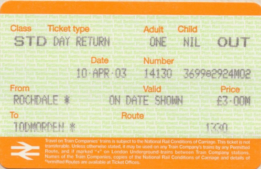 Todmorden - Rochdale return ticket 10 April 2003