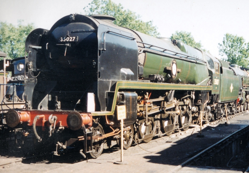 Merchant Navy class 35027 'Port Line' at the Bluebelle Railway in the early 2000s: three quarters front view.