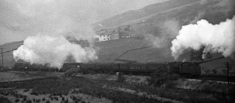 Stanier Jubilee 45562 approaching Copy Pit summit with an 8F banker on 2 October 1965