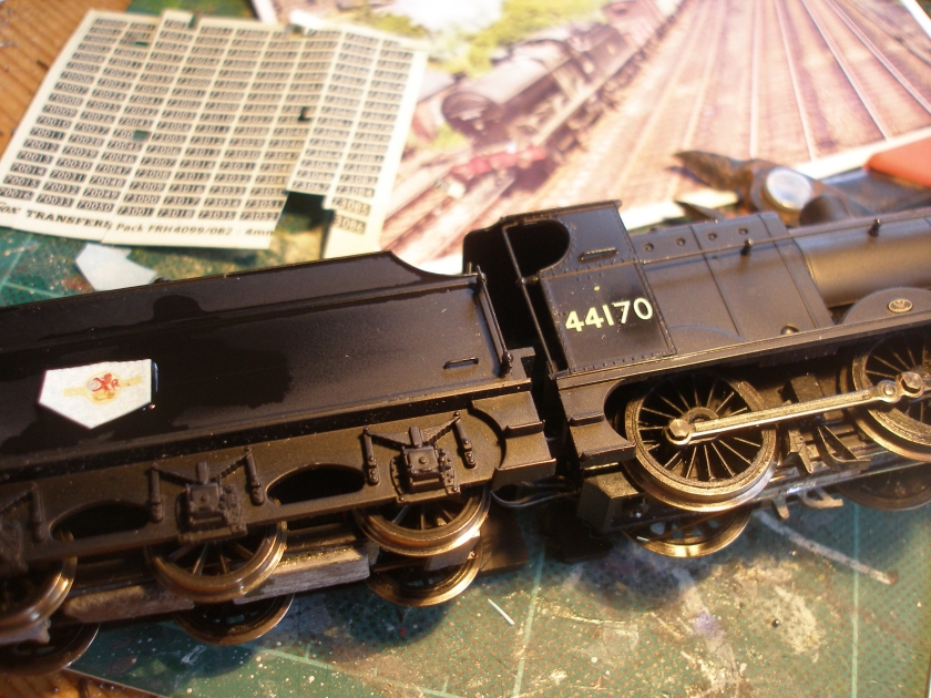 Renumbering of a Hornby 4F ready-to-run loco using Fox Transfers; new numbers in place, and now the BR crest needs to be changed from the large one supplied by Hornby to the smaller one worn by this prototype.