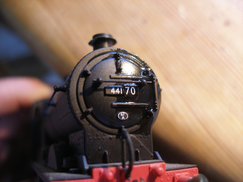 Renumbering of a Hornby 4F ready-to-run loco using Fox Transfers; first pair of digits applied to smokebox number plate