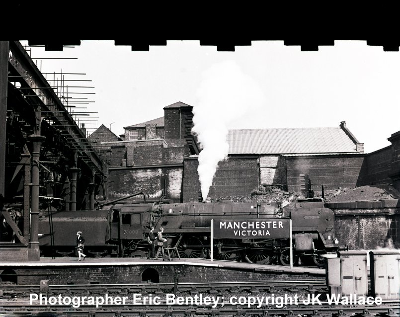 British Railways Standard 7MT 4-6-2 No. 70000, then shedded at 5A Crewe North arriving at Manchester Victoria at 10.35 a.m.on Saturday 5 June 1965.