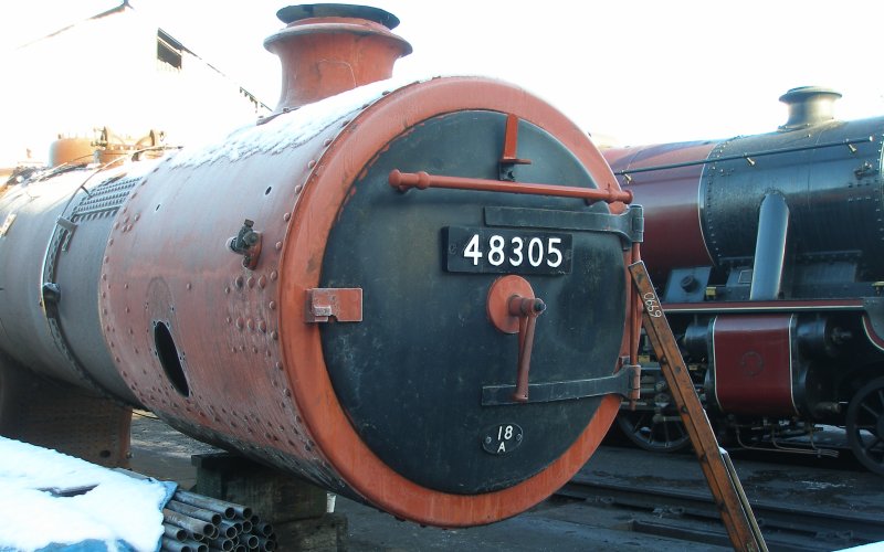 The smokebox and boiler of Stanier 8F 48305 stripped down for overhaul.