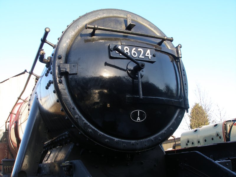 ex-LMS Stanier 8F 2-8-0 48624 as seen at the Great Central Railway, Loughborough on 30 December 2014. Smokebox detail.