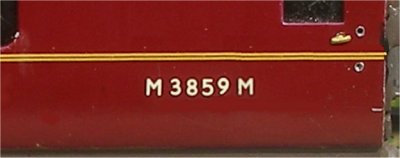 Photo of model of marooned-liviered BR maroon caoch showing correct positioning, spacing, etc of numbering