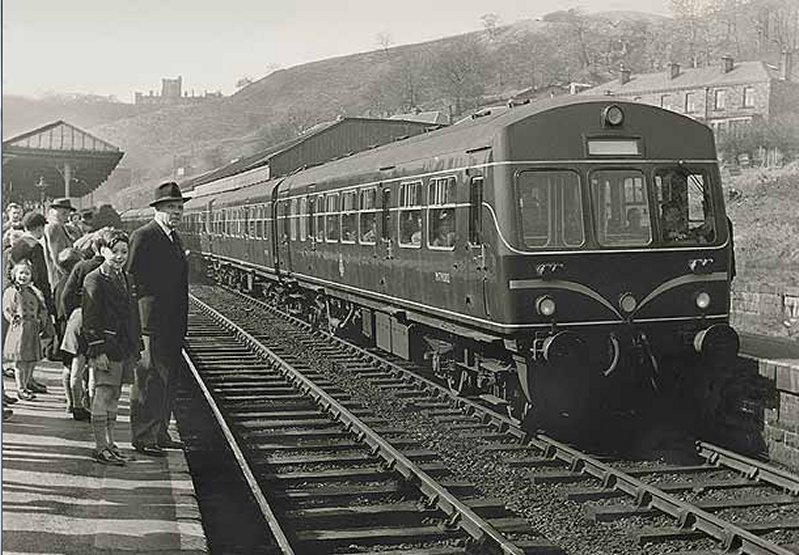 Early Metro-Cammell unit calls at Todmorden on a demonstration run in the late fifties.
