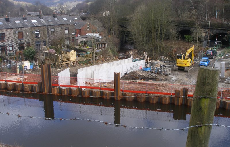 Flood damage and repairs to towpath to Rochdale Canal at Gauxholme/Shade as seen on Friday 25 March 2016