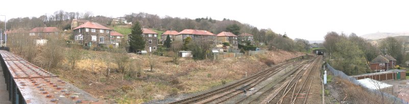 A panoramic view of Hall Royd Junction taken from Hall Royd Road bridge looking eastwards on 19 April 2013