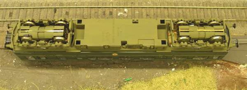 Hornby Class 110 DMU re-motoring project: underside of the rebuilt chassis with two Black Beetles fitted
