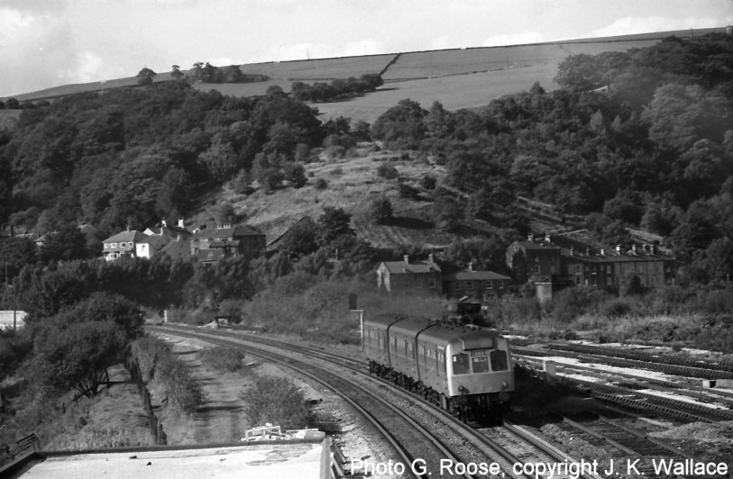 Class 111 working train 7Y39 approaches Hall Royd Road bridge on 5 October 1979.