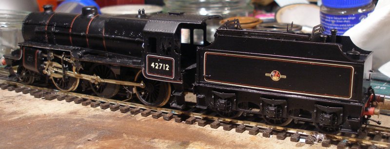 Three quarters rear view of a 4mm (OO) DJH Crab 2-6-0 in late BR mixed traffic livery with Fox Transfers and varnished with Ronseal Satin varnish.