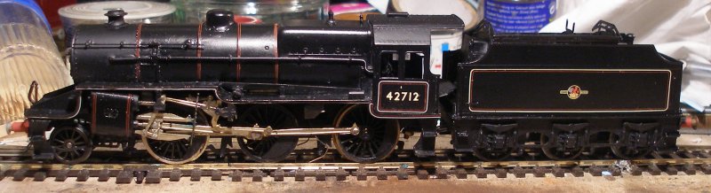 Broadside view of a 4mm (OO) DJH Crab 2-6-0 in late BR mixed traffic livery with Fox Transfers and varnished with Ronseal Satin varnish.