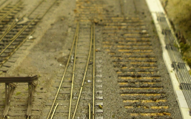 Hall Royd Junction model railway layout: the original 30" pair of points forming a cross-over have now been lifted, with the ballast being softened with boiling water from a kettle