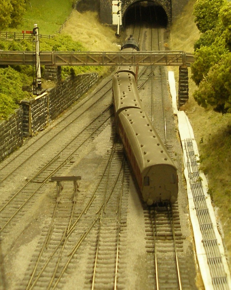 Hall Royd Junction model railway layout: the Blackburn local rake is backed over the new 60 inch radius points