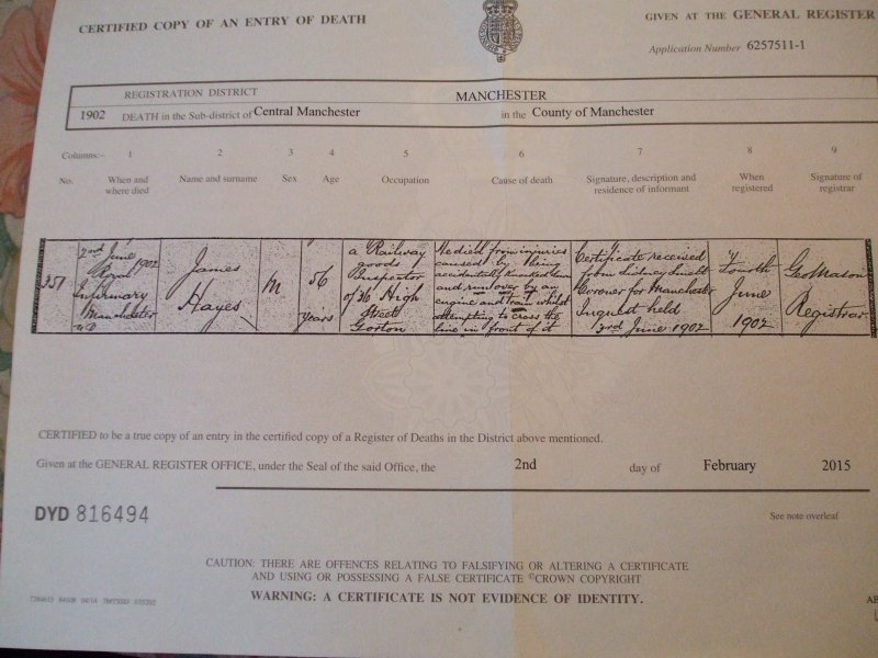 Death certiciate of James Hayes, a Railway Goods Inspector employed by the Great Central Railway at Ashburys who died after being struck by a train as he was crossing the line in 1902.