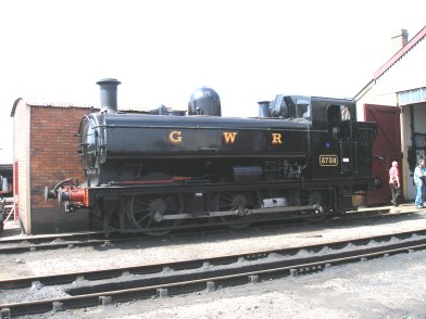 GWR Pannier Tank in Black GWR livery outside the running shed, Didcot Railway Centre 6 May 2013