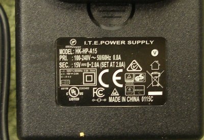 Digitrains 15 volt power adaptor showing power details