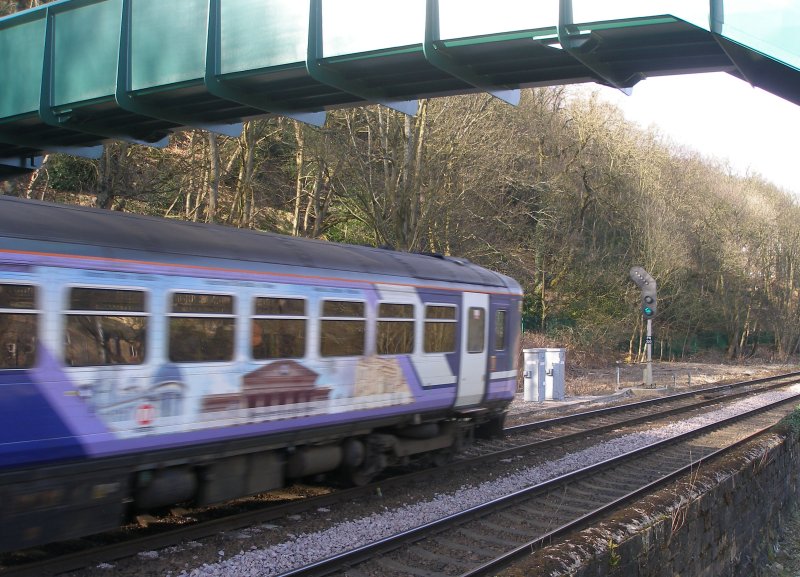 Calder Valley Dobroyd Crossing Footbridge Bridge 102A with passing train