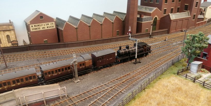 Eccleston LYR P4 model railway: LYR Radial 2-4-2T departs with a passenger rake