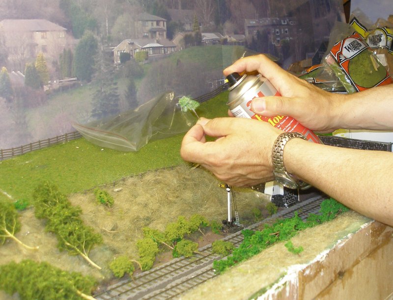 Hall Royd Junction (the model) showing the application of flock to the Seafoam trees, with the 'tree' being sprayed with Spraymount.