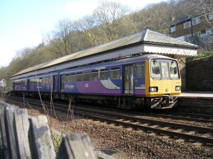 Unit 144 023 sets off for Todmorden and Manchester from Hebden Bridge railway station on 19 April 2013