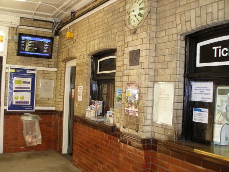 Hebden Bridge railway station booking office interior shot looking towards the platform on 19 April 2013
