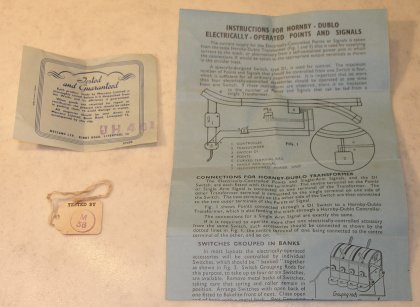 Front of Hornby Dublo electric semaphore signal instruction sheet, Guarantee and packing slip