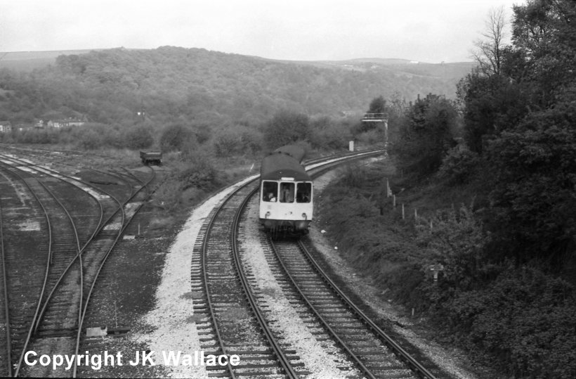 2-car BRCW Class 104 DMU takes the curve between Stansfield Hall Junction and Hall Royd Junction in January 1984