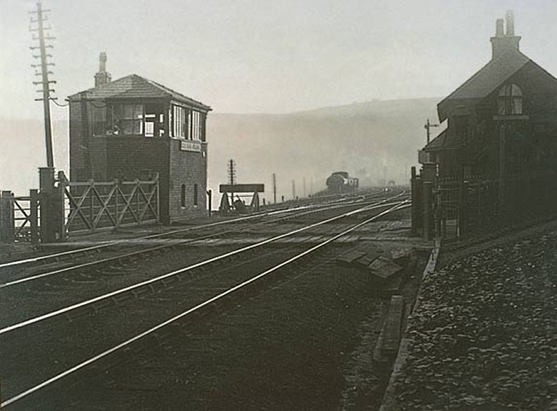 Hall Royd Level Crossing showing signal box, crossing and keeper's house.