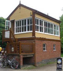 Three-quarters view of front and door-end of restored L&NW Railway signal box at Hartington on the Tissington Trail from which a downloadable PDF card kit has been creatd in 2, 4 and 7mm scales.