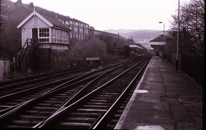 The station buildings at Hebden Bridge, showing the signal box and the two platforms, looking towards Manchester from the Leeds end of the station.