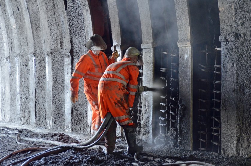 Shotcreteing in process: the first time this technique was used in a UK railway tunnel was on the Ffestiniog Railway's new Moelwyn Tunnel constructed in 1976.