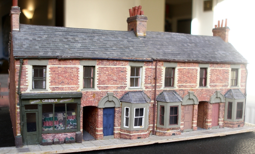 Howard Scenics assembled terraced house kit with shop: front elevation
