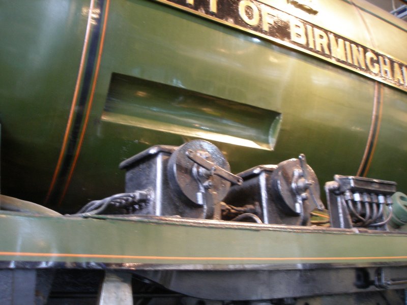 Stanier 'Coronation' Pacific 46235 'City of Birmingham' as seen in the ThinkTank Museum on 10 October 2015, with close-up of lubricator's on the driver's side footplating.