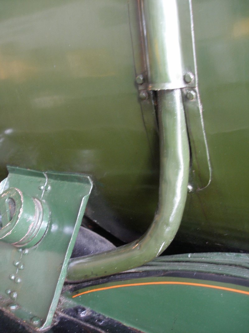 Stanier 'Coronation' Pacific 46235 'City of Birmingham' as seen in the ThinkTank Museum on 10 October 2015, showing injector pipe and the way it is fed under the boiler cladding.