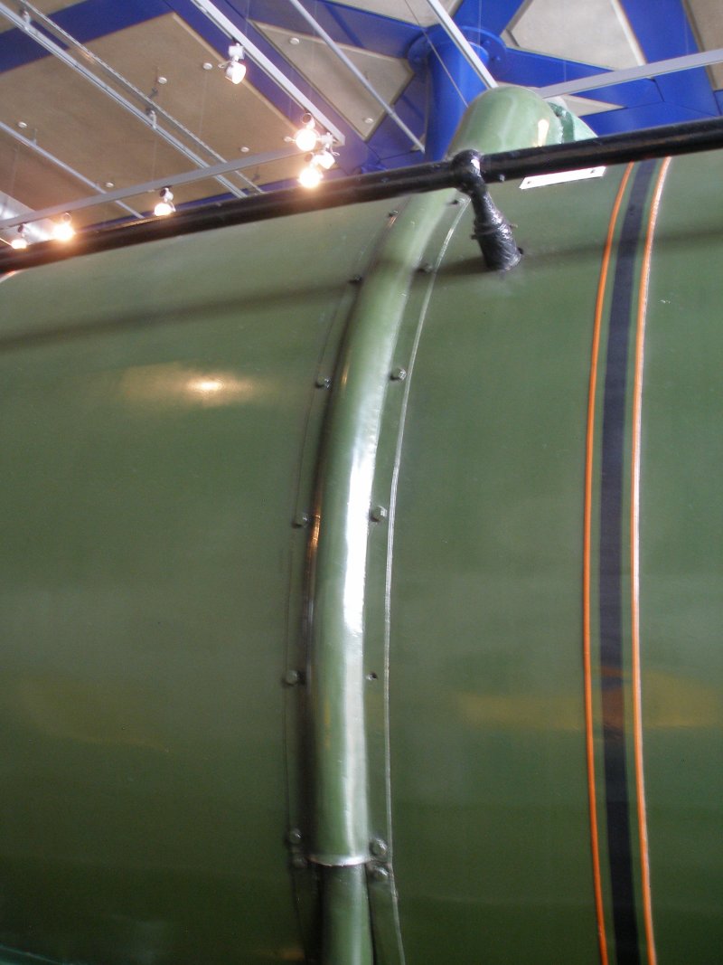 Stanier 'Coronation' Pacific 46235 'City of Birmingham' as seen in the ThinkTank Museum on 10 October 2015, showing injector pipe covering and hand rail knob detail.