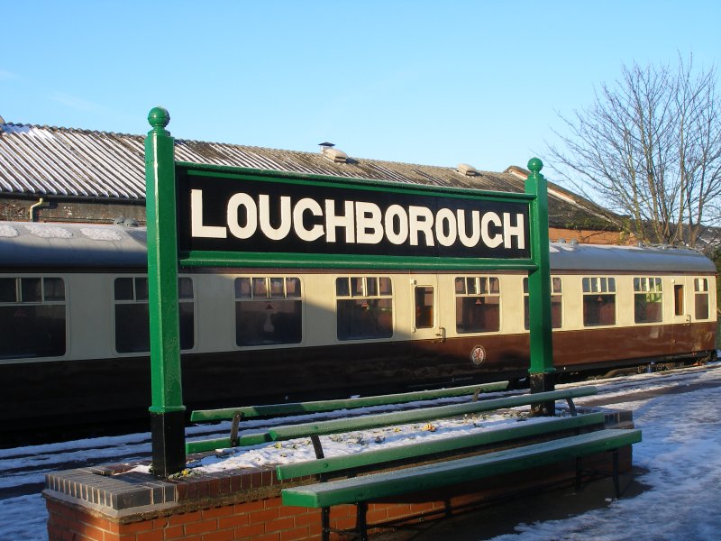 Station nameboard at Loughborough Central railway station, 30 December 2014.