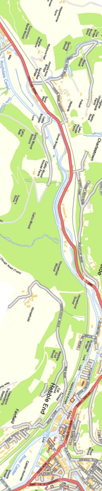 Section from Ordnance Survey OpenSource mapping 2013 showing L&YR railway line from Eastwood to Hebble End