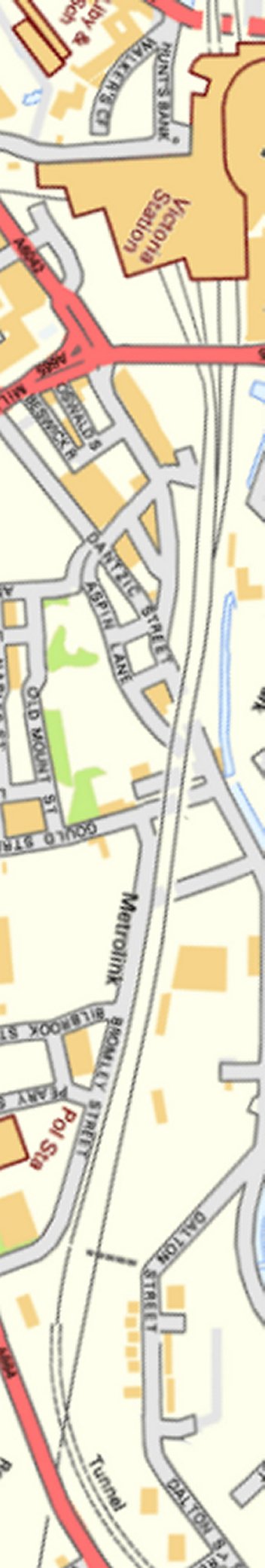Section from Ordnance Survey OpenSource mapping 2013 showing L&YR railway line from Manchester Victoria to Bromley Street