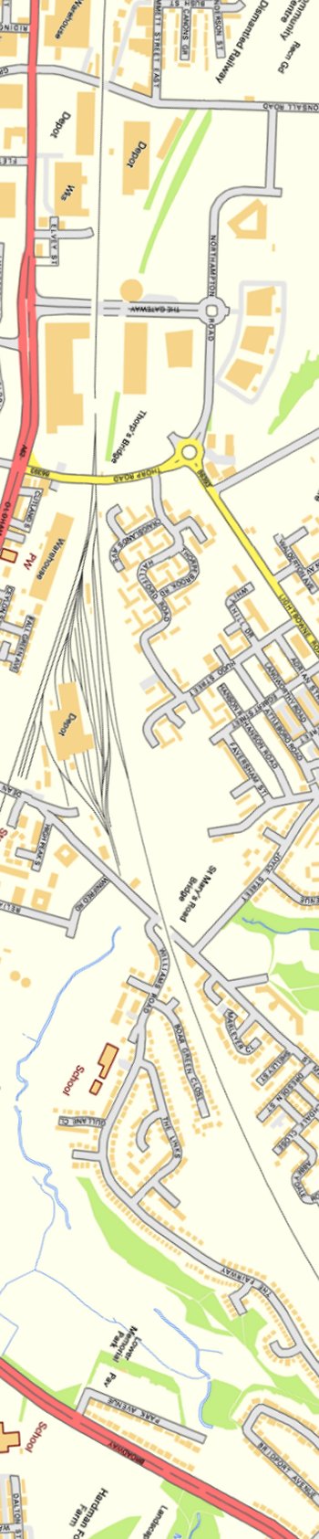 Section from Ordnance Survey OpenSource mapping 2013 showing the L&YR railway line in the vicinity of Newton Heath depot.