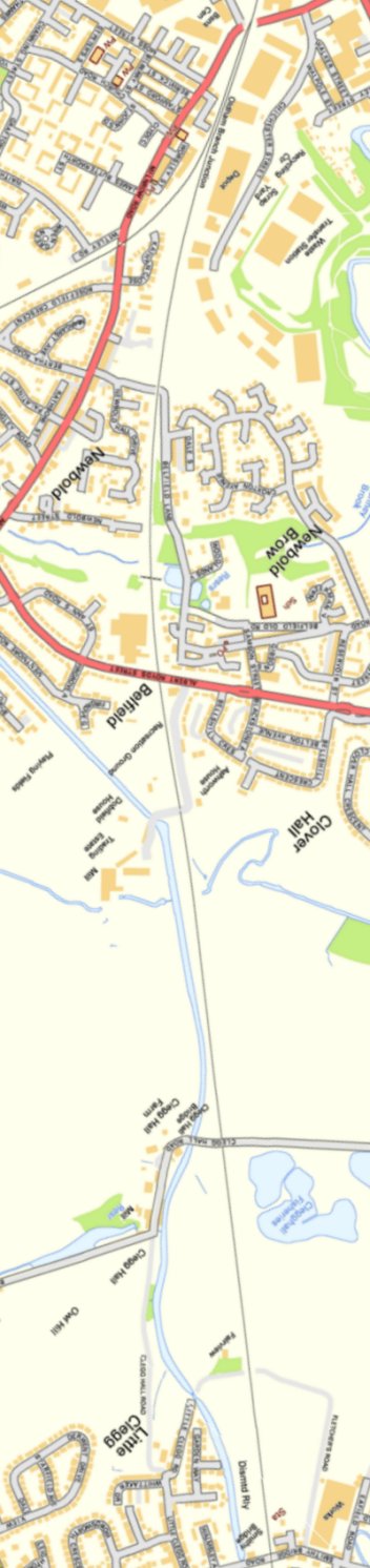 Section from Ordnance Survey OpenSource maping 2013 showing the L&YR railway line from Oldham Junction to Smithy Bridge