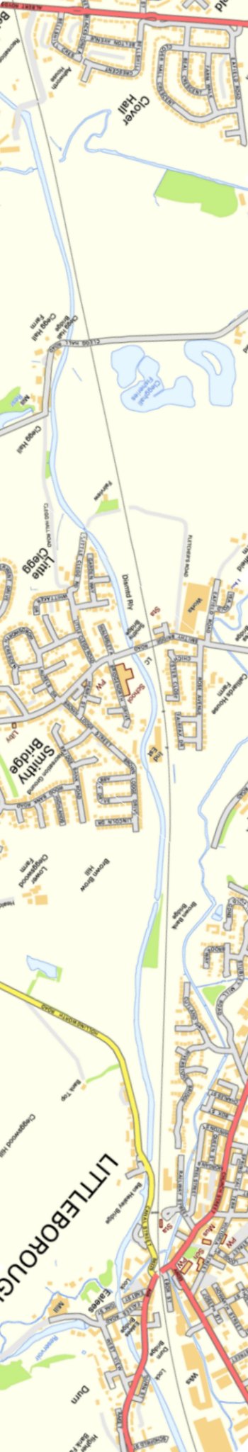 Section from Ordnance Survey OpenSource 2013 showing the L&YR railway line from Smithy Bridge to Littleborough