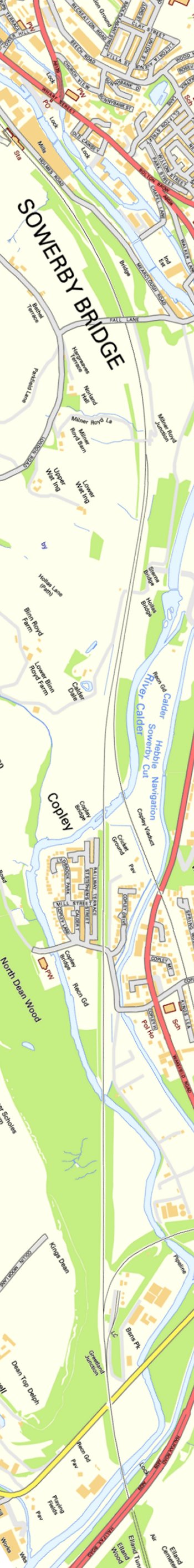 Section from Ordnance Survey OpenSource mapping 2013 showing L&YR railway line from Sowerby Bridge railway station to Greetland.