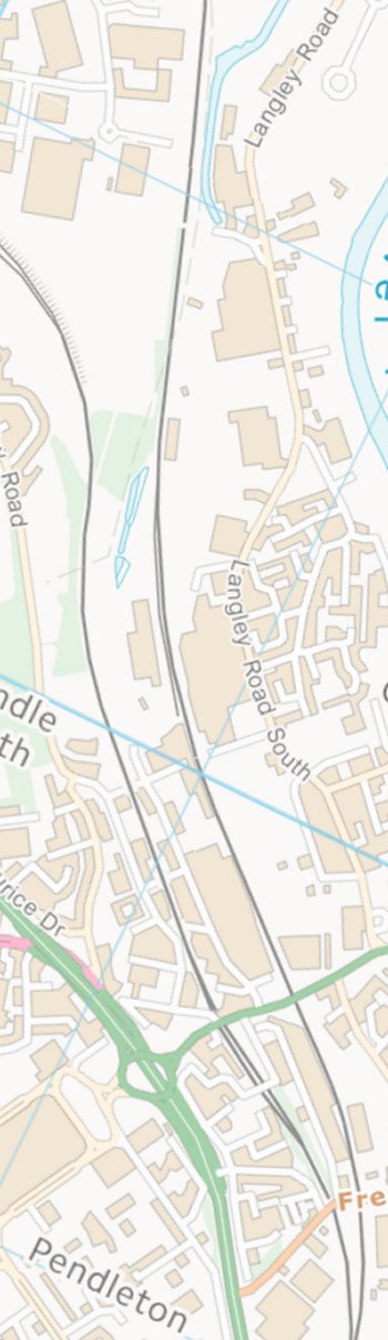 Section from the Ordnance Survey map OpenSource 2013 showing L&YR railway line from Agecroft to Salford Crescent railway station