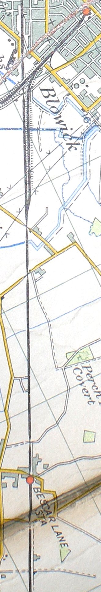 Section of Ordnance Survey Map 1961 showing railway line from Meols Cop to Bescar Lane
