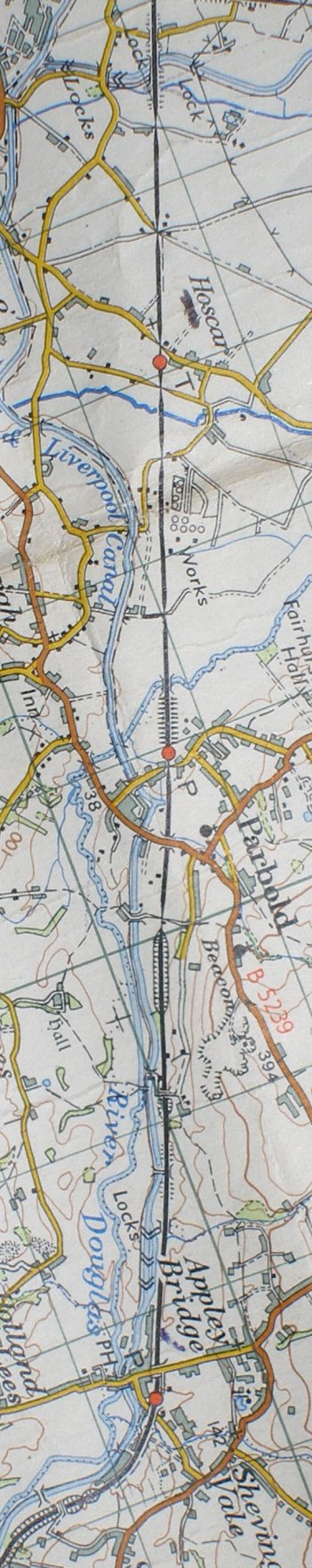 Section from the Ordnance Survey map 1961 showing L&YR railway line from Burscough Bridge Junction to Parbold railway station